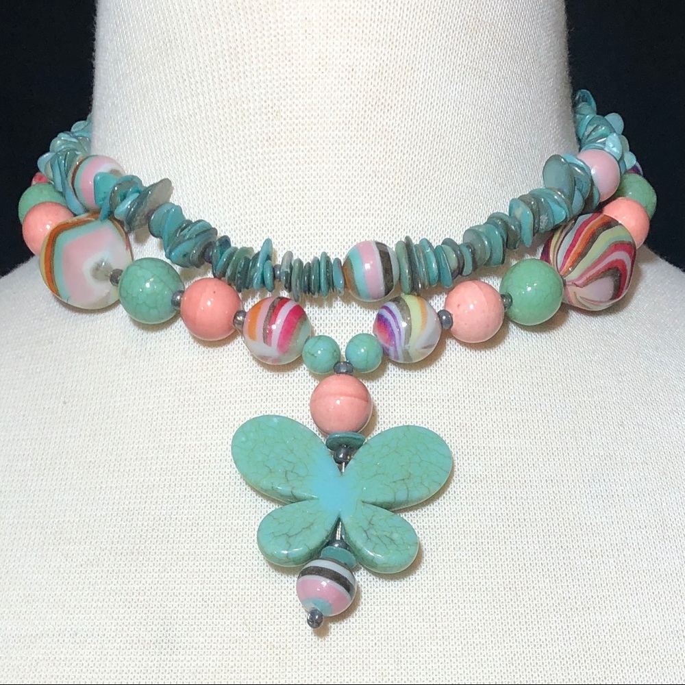🔴 CLEARANCE Green Multicolor Butterfly Beaded Necklace & Earrings Set